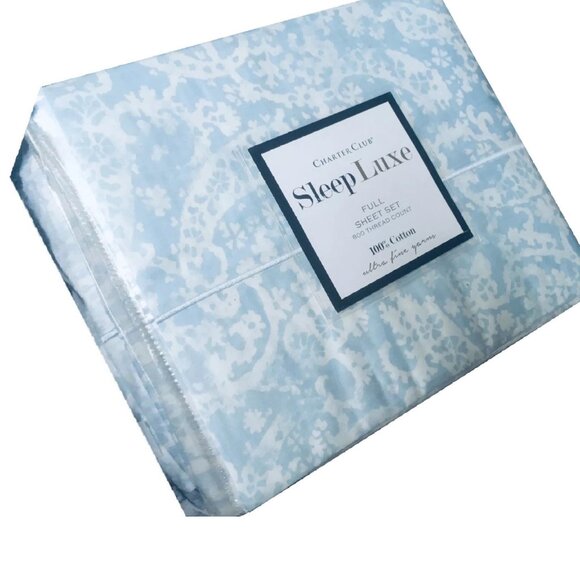 new BLUE PAISLEY Charter Club Sleep Luxe 800 TC Cotton Sateen FULL Sheet Set - Picture 8 of 9